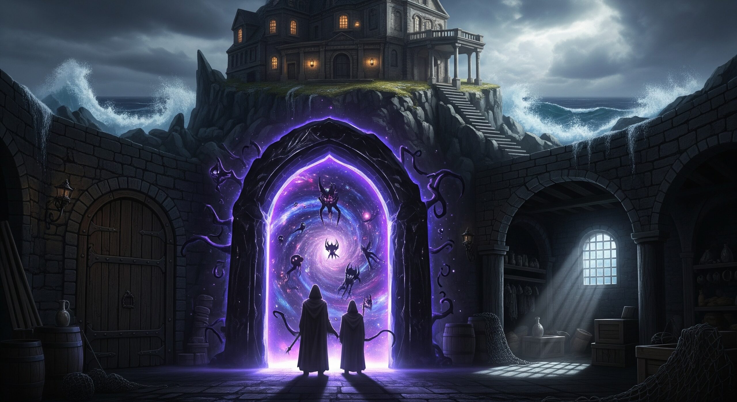 Gemini AI-generated image of an arcane gate under an ancient house that opens into a weird cosmic abyss
