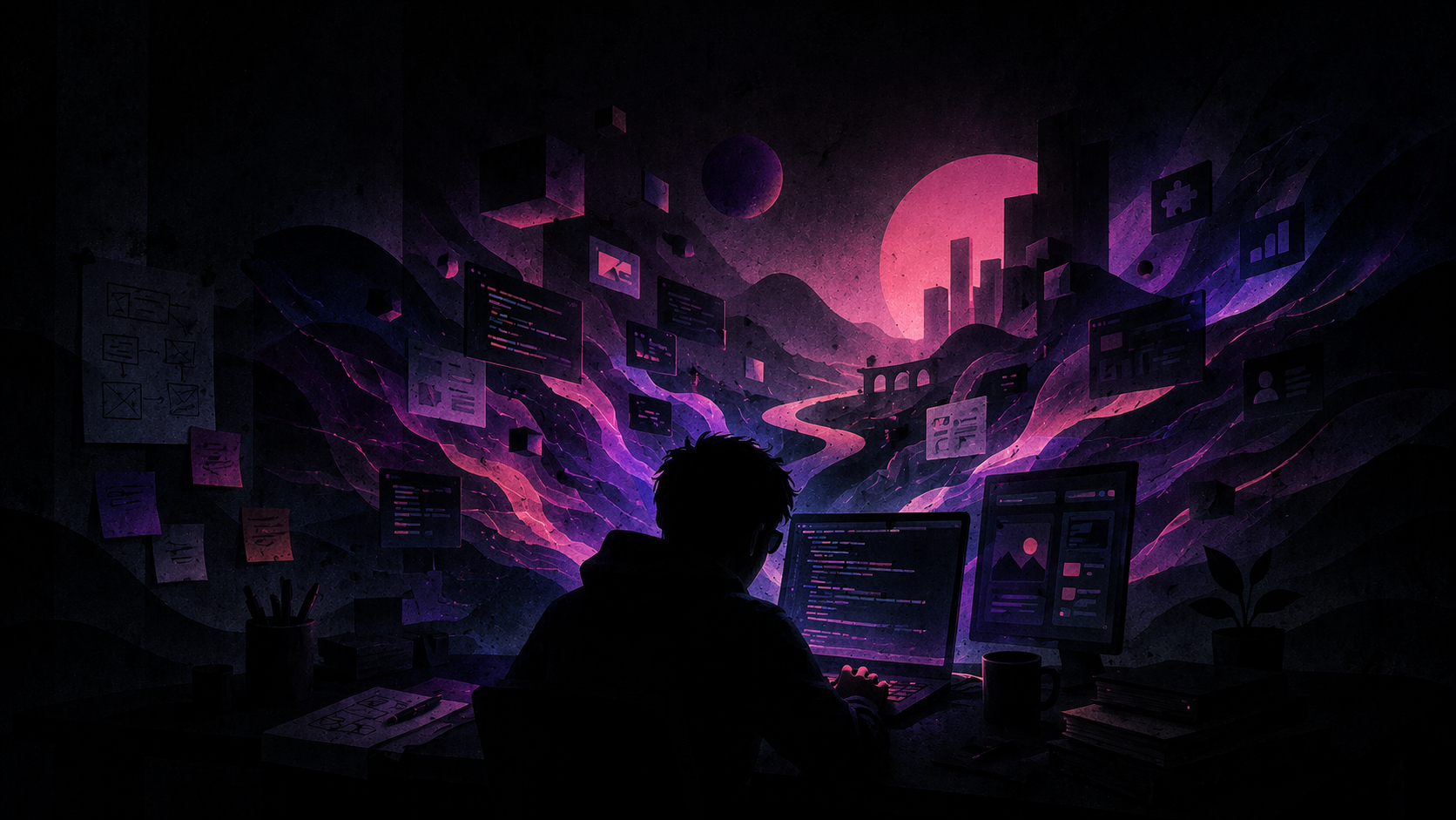 Dark, abstract 16:9 digital illustration of a person working at a desk, facing glowing screens while a stream of floating interface panels, code fragments, sketches, and geometric forms expands outward into a moody retro-futurist landscape. Subtle magenta, violet, and deep blue light cut through the darkness, suggesting focused momentum, rapid building, and ideas turning into finished work.